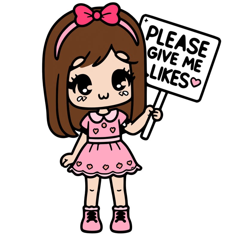 girl with a cute dress on with sign that sead please give me likes