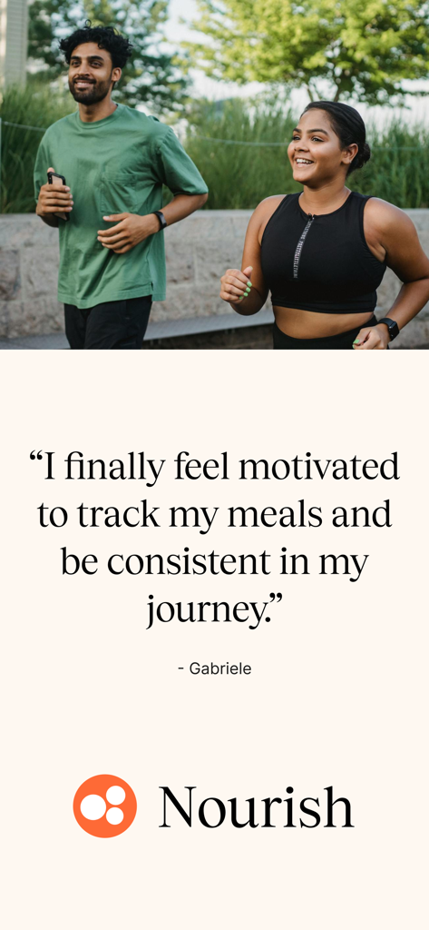 Nourish: Eating Well Made Easy - Un uomo e una donna che fanno jogging all'aperto accompagnati da una testimonianza utente sul tracciamento dei pasti e la costanza sull'app Nourish