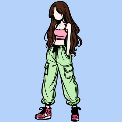 girl in baggy pants crop top and long hair