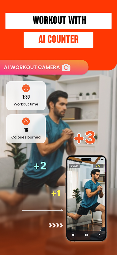 Rope Skipping - AI Counter - Man performing lunges at home using the AI camera to track repetitions workout time and calories burned
