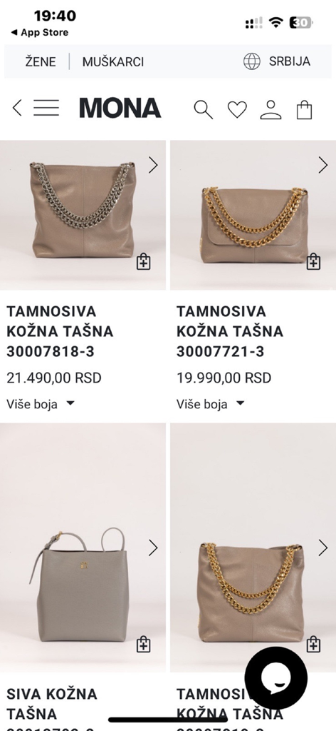 Product grid on the MONA fashion app featuring several high-quality leather handbags with prices.