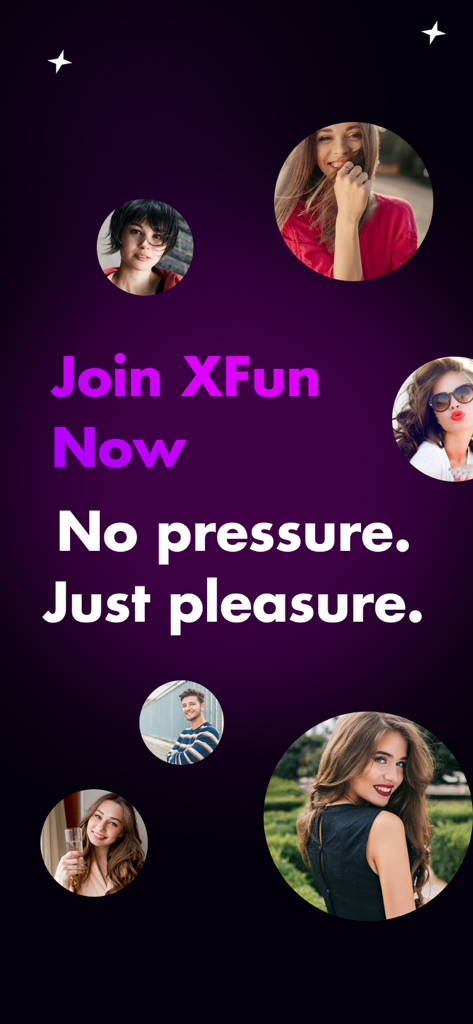 XFun Erwachsenen-Dating-App-Oberfläche, die Benutzerprofile und den Slogan No pressure Just pleasure anzeigt