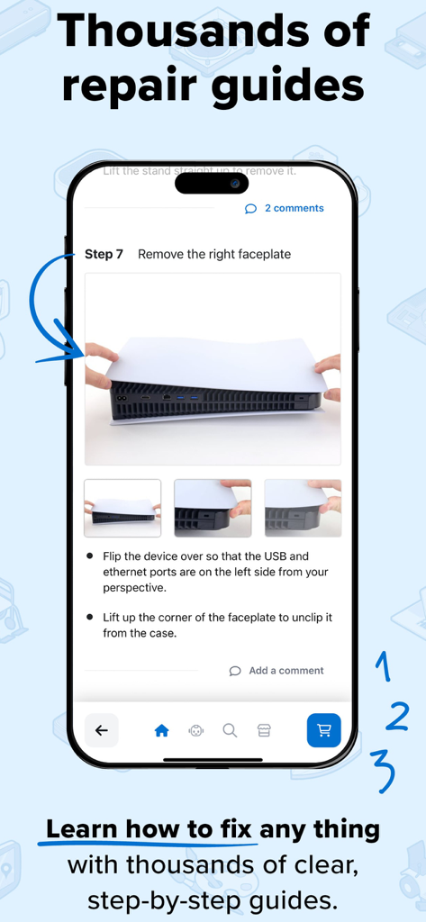 iFixit mobile app screen showing a detailed repair guide for a gaming console