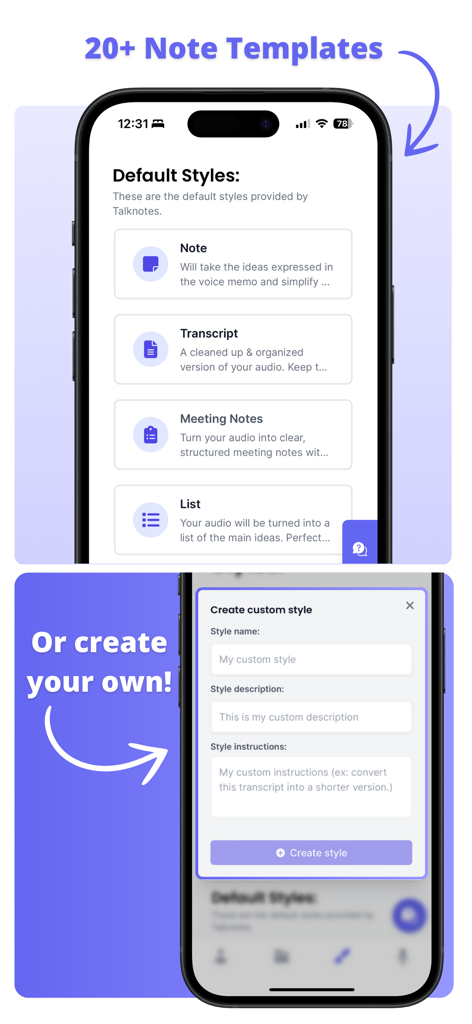 Interface of Talknotes showing various note templates and the option to create a custom AI style for voice notes.
