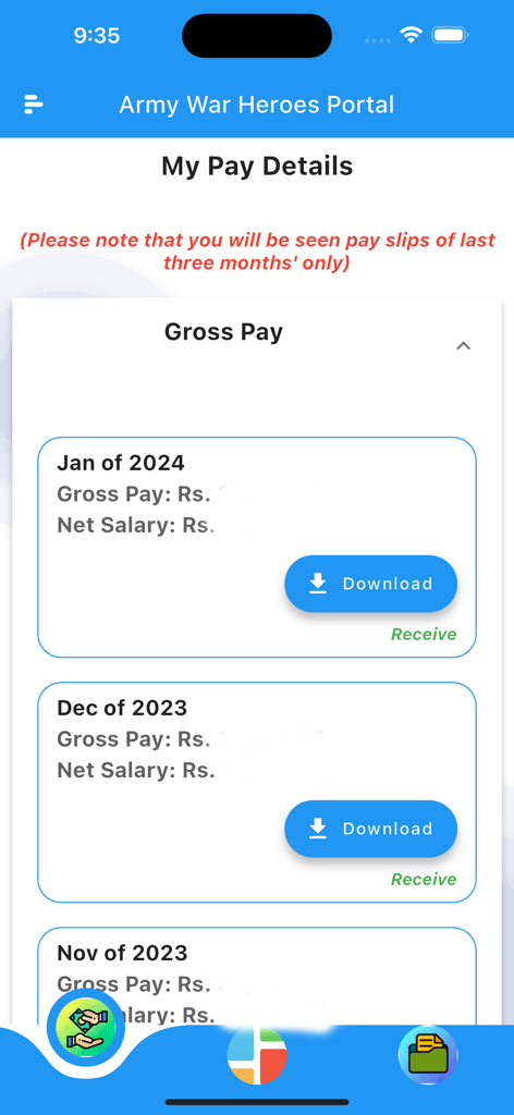 War Heroes e Portal - App screen showing monthly pay details and download options for pay slips