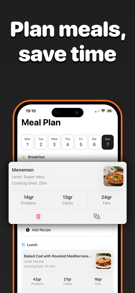 Recipe keeper & macros - Kuk - Weekly meal plan interface in the Kuk app showing breakfast and lunch recipes with macro tracking for protein carbs and fats