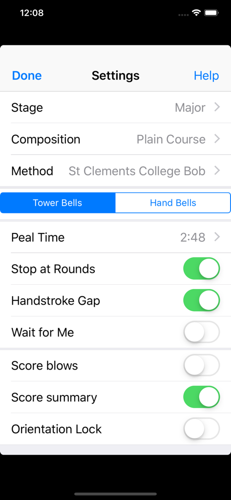 Mobel bell ringing simulator - Settings screen of the Mobel bell ringing simulator showing practice configurations like stage, composition, and method