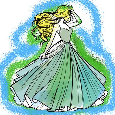 realistic woman with dress flowing in the wind