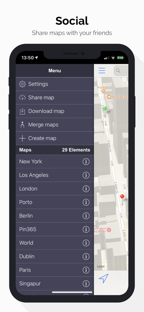 Interface of Contact Map app displaying the sidebar menu with map sharing options and a list of city maps