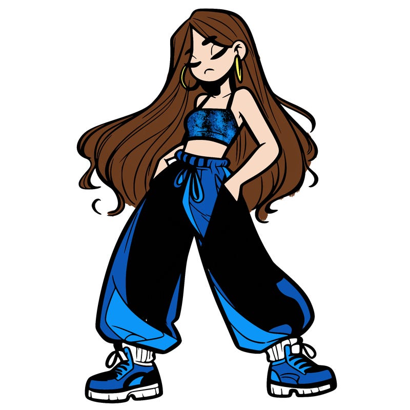 girl in baggy pants crop top and long hair