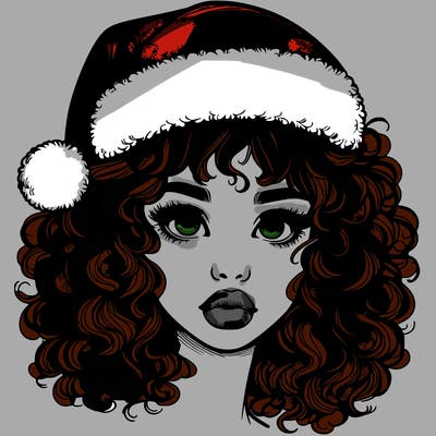 realistic girl with a santa hat curly hair and lips
