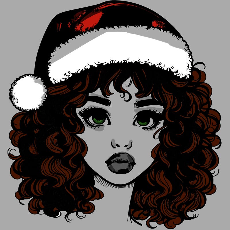 realistic girl with a santa hat curly hair and lips