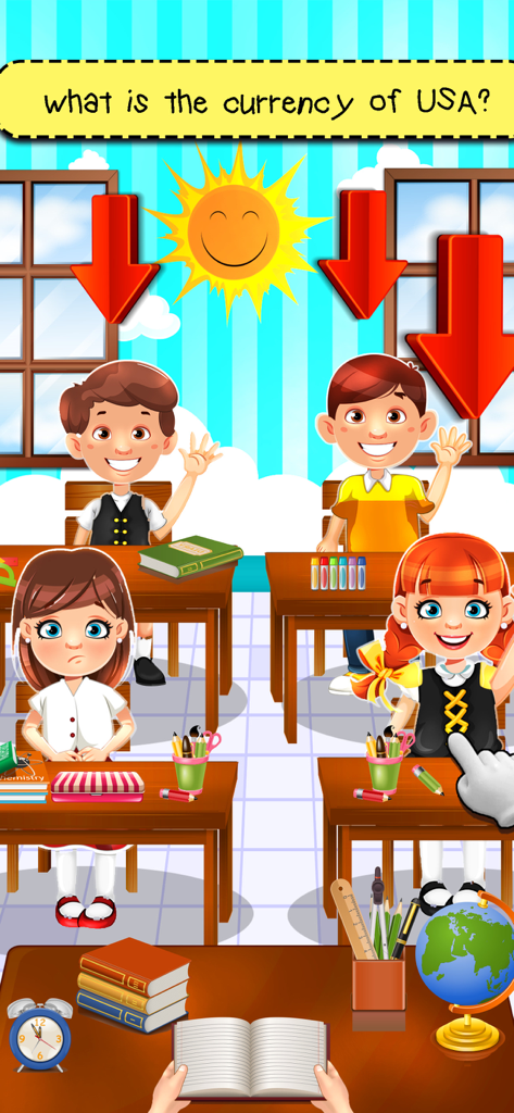 A colorful classroom simulation showing students at desks and a teacher asking about USA currency
