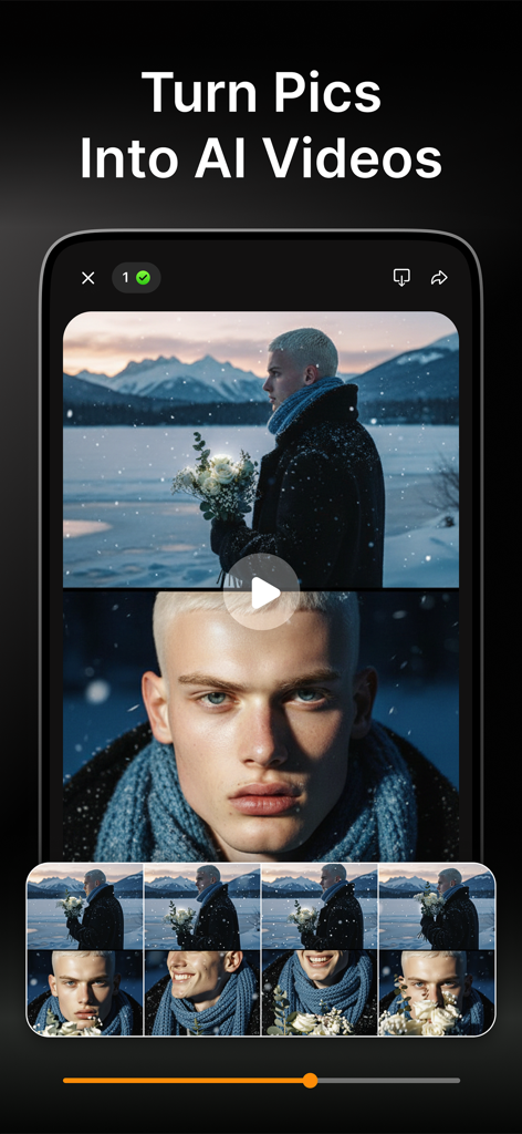 AI Image Generator FARBA Art - Interface of FARBA Art app showing the feature to turn pictures into AI-generated videos with cinematic effects.