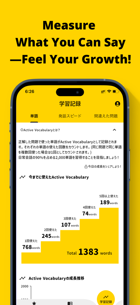InstaEnglish—Speak&Learn Fast - Pantalla de la aplicación InstaEnglish que muestra un gráfico de barras de recuentos de palabras de vocabulario activo y seguimiento del progreso.