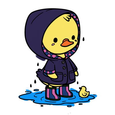 baby duck in a rain coat and boots, in a puddle while it’s raining