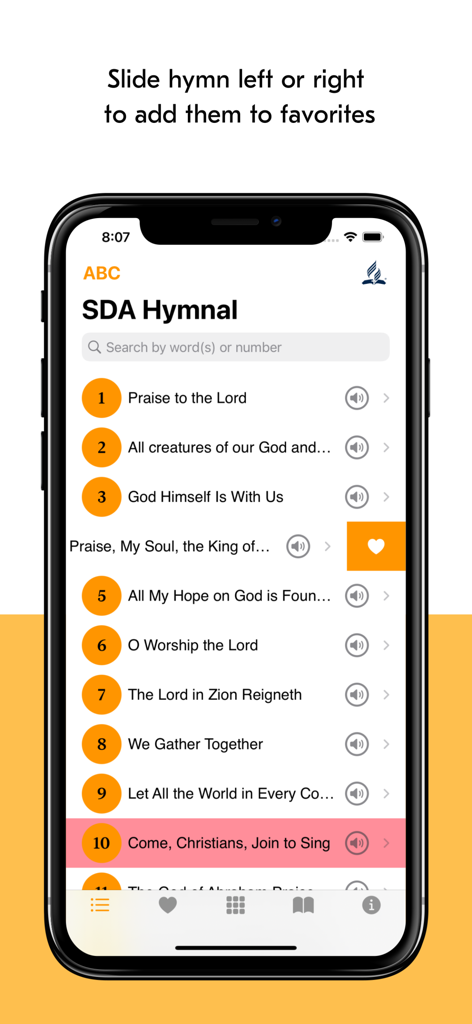 SDA Hymns - A screenshot of the SDA Hymns app showing a list of numbered hymns and a swipe action to add a hymn to favorites.