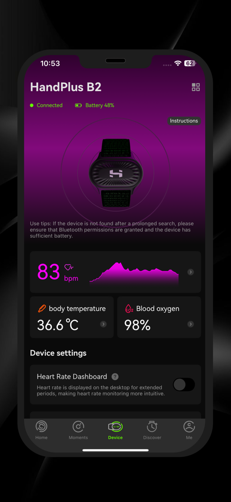 Écran de l'application mobile Holosport montrant la fréquence cardiaque, la température corporelle et les niveaux d'oxygène dans le sang d'un appareil portable connecté.