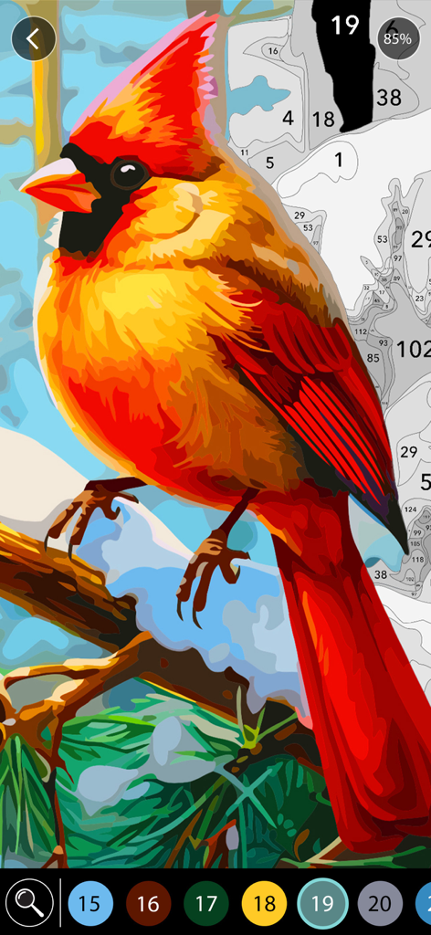 Christmas Paintings - Un pájaro cardenal rojo sobre una rama nevada en una aplicación de pintar por números