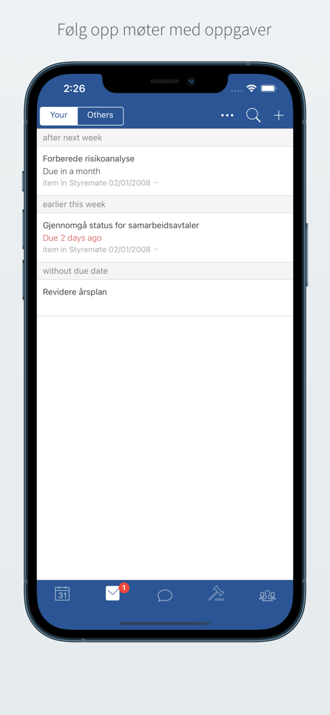 Styreplan3 - Task management screen in the Styreplan app showing meeting action items and deadlines.