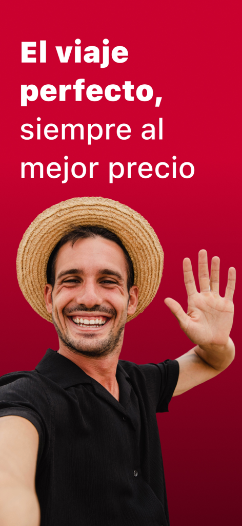 BuscoUnChollo.com - Uomo sorridente con cappello di paglia che si fa un selfie su sfondo rosso con testo sull'idea di viaggio perfetto al miglior prezzo.