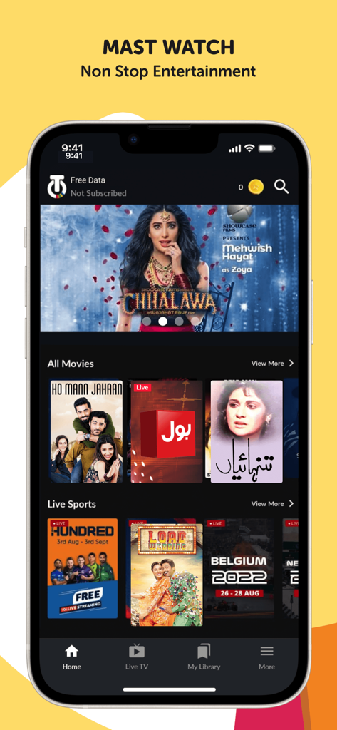 Tamasha: Live TV, Movie, Drama - Schermata principale dell'app Tamasha che mostra film pakistani e contenuti sportivi in diretta