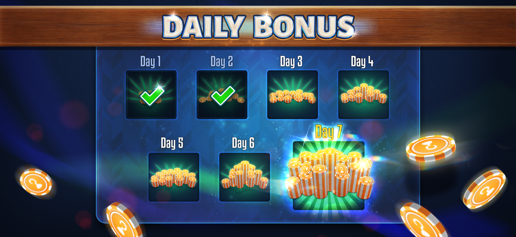 101 Okey - Tela de bônus diário mostrando 7 dias de recompensas em moedas no 101 Okey