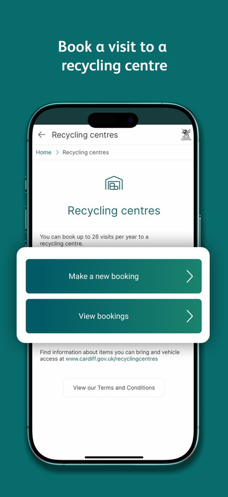 Cardiff Gov app screen for booking a recycling center visit showing options to make a new booking or view existing ones