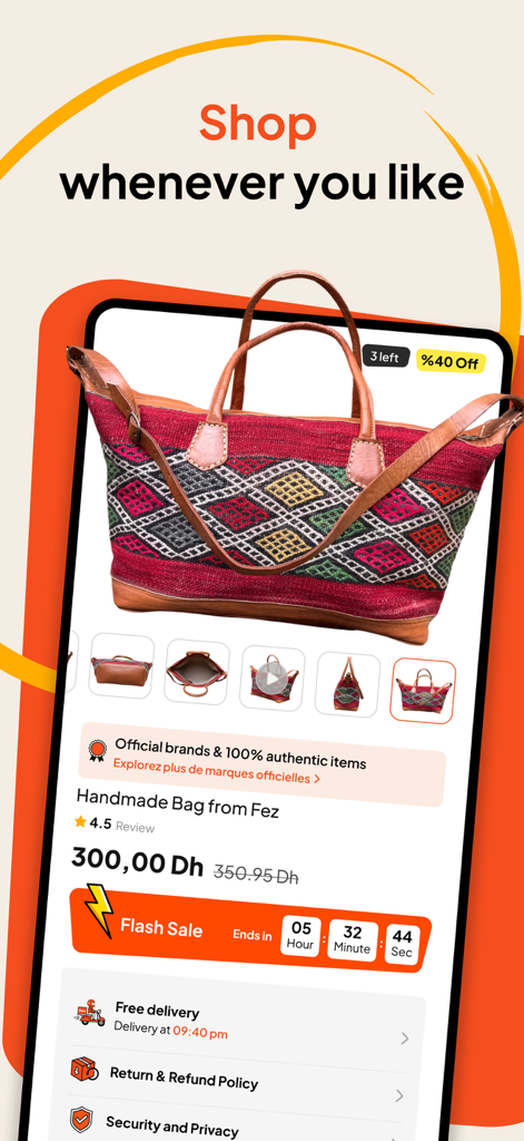 Una borsa fatta a mano di Fez visualizzata nella schermata dello shopping dell'app DONE con un'offerta lampo e opzioni di consegna gratuita.