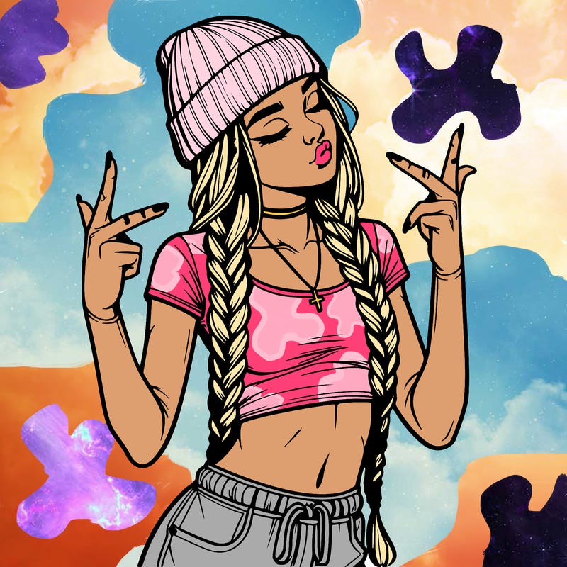 realistic teenage girl with braids and a beanie and crop top doing 🫶🏼