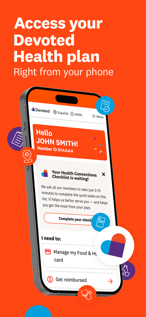 Smartphone displaying the MyDevoted app dashboard with member health plan information and a checklist reminder