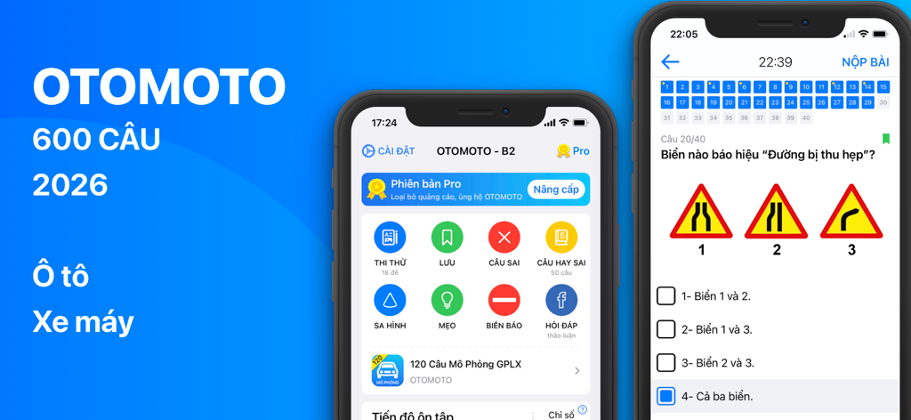 600 Câu Lý Thuyết GPLX OTOMOTO - Otomoto mobile app interface for studying 600 questions and traffic signs for the Vietnamese driving license exam