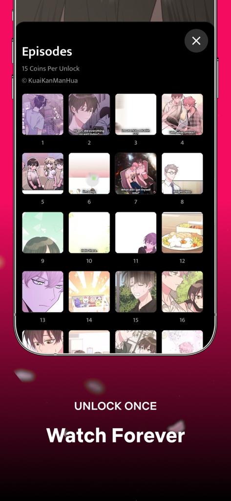 BlinkToon: Animated BL Comics - BlinkToon app episodes selection screen showing a grid of animated BL comic thumbnails with an unlock once watch forever slogan