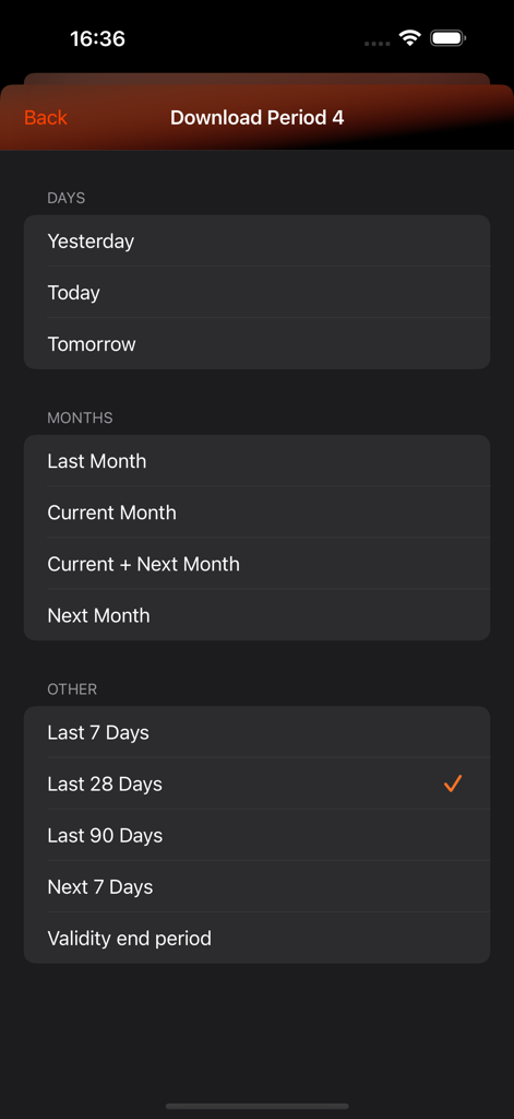 Schermata di selezione del periodo di download dell'app RosterX che mostra opzioni per giorni, mesi e intervalli di date