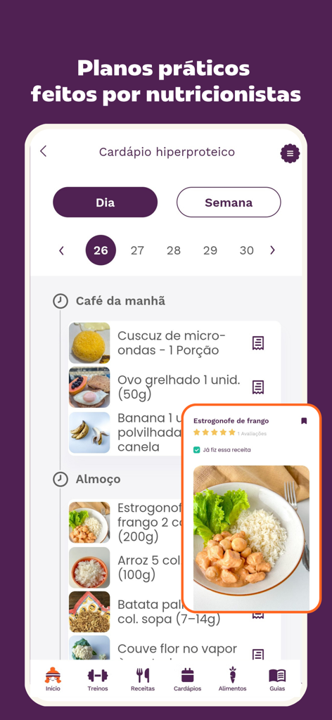 Superela: Exercícios, Receitas - Superela app interface displaying a high protein meal plan with healthy recipes designed by nutritionists