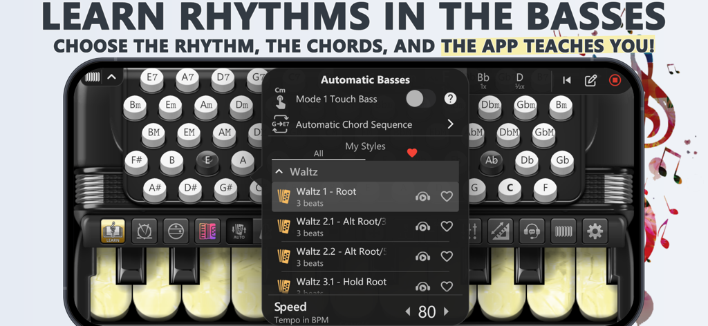 Accordion Piano Cassoto - Interfaz de aplicación móvil para aprender ritmos de bajo de acordeón con secuencias de acordes automáticas y control de tempo