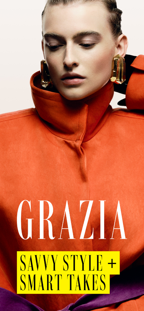Grazia: Fashion, Beauty & News - Grazia fashion and news app cover featuring a stylish woman in an orange coat with the slogan savvy style and smart takes