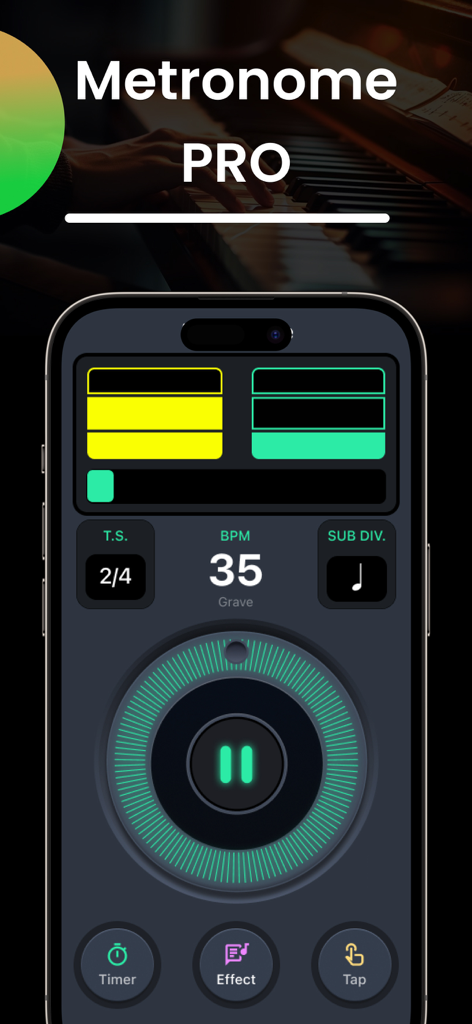 Metronome Master: Beats Tempo - Metronome Master Pro app interface showing time signature and BPM settings on a smartphone
