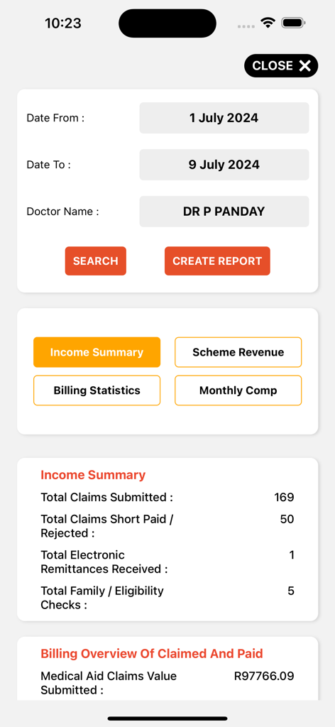 MedisConnect - MedisConnect app screen showing an income summary report with medical claims tracking data and financial status.