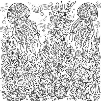 Embark on a unique Easter adventure with this delightful underwater coloring page, where sea turtles meet festive holiday cheer. Discover a vibrant marine world bustling with decorated eggs, playful bunnies, and intricate jellyfish, ready for your creative touch.