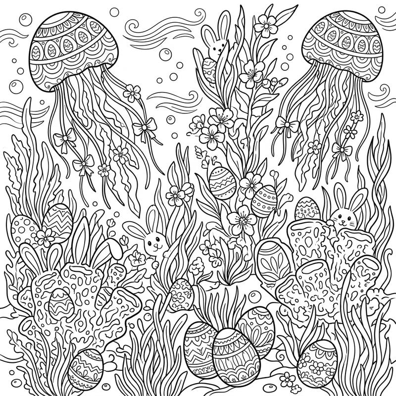 Embark on a unique Easter adventure with this delightful underwater coloring page, where sea turtles meet festive holiday cheer. Discover a vibrant marine world bustling with decorated eggs, playful bunnies, and intricate jellyfish, ready for your creative touch.