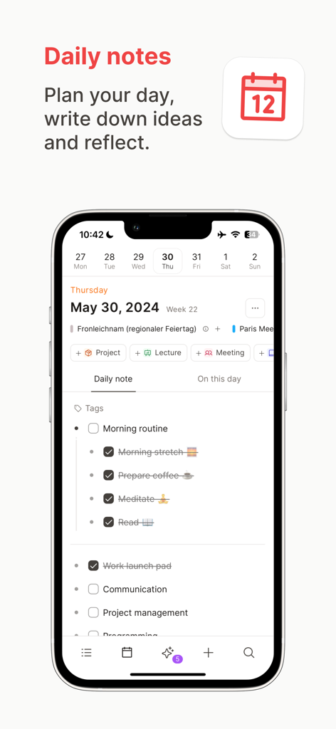 Capacities – Notes & PKM - Capacities App-Screenshot, der die Tagesnotizen-Funktion und Aufgabenliste zeigt