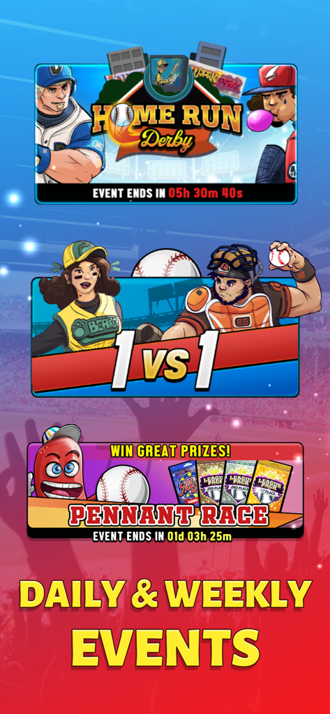 Super Hit Baseball - Super Hit Baseball mobile game screen showcasing daily and weekly events including Home Run Derby and Pennant Race