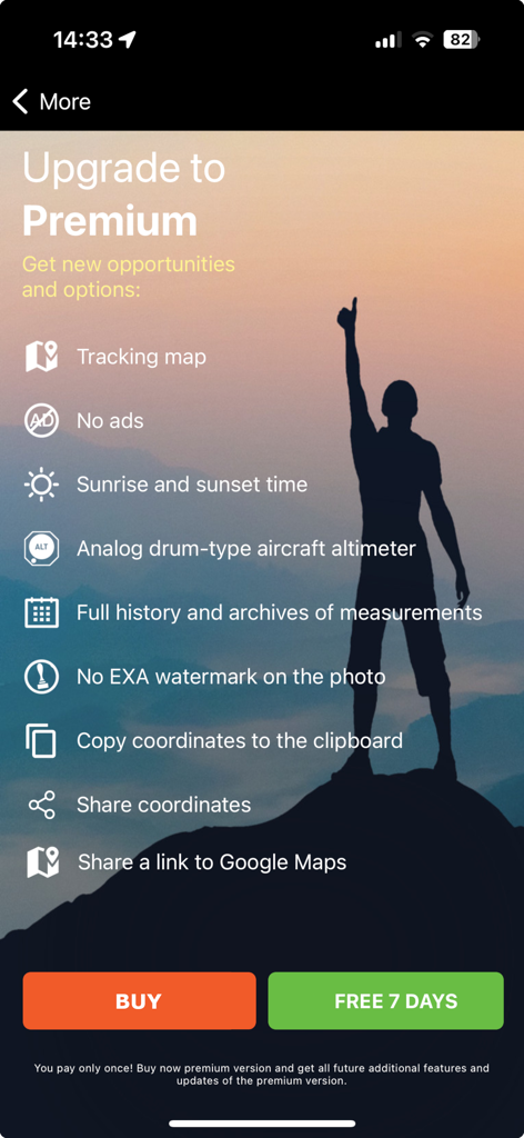 GPS Altimeter - Altitude & Map - GPS Altimeter app premium upgrade screen listing tracking maps and sunrise times with a hiker silhouette