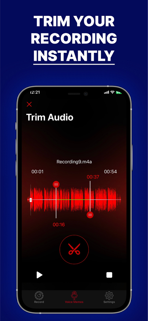 Voice Recorder : HD Recorder - Voice recorder app screen showing the trim audio feature with a waveform and scissors icon.