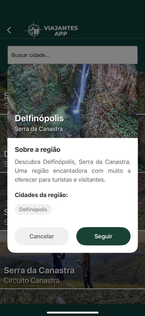 Viajantes App - Écran d'informations de destination de l'application Viajantes pour Delfinopolis au Brésil avec une vue sur une cascade