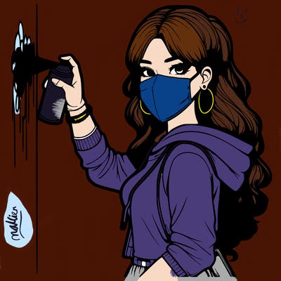 realistic girl with mask spray painting a wall