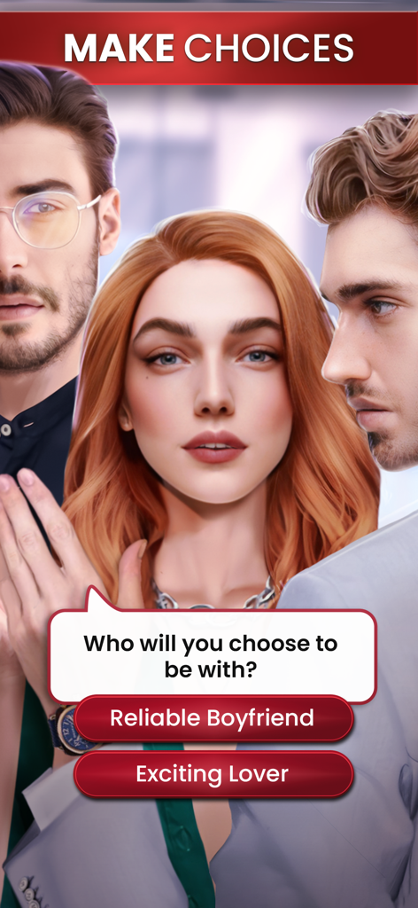Scandal: Play Love Story Games - Interactive romance game screen showing a character choice between a reliable boyfriend and an exciting lover.