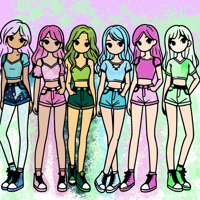 a group of girls wearing crop tops and shorts
