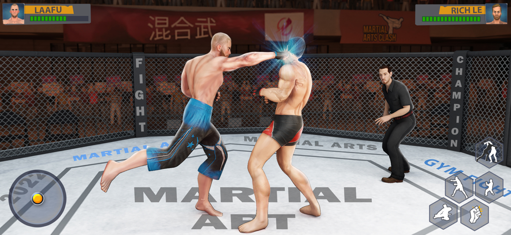 A martial arts fighter landing a punch in an MMA cage arena.